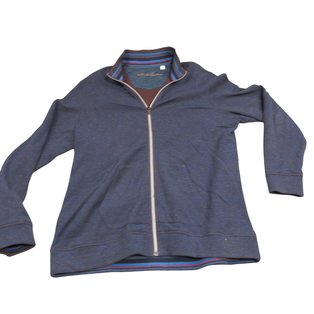 Robert Graham Mens XL Full Zip Sweater Navy Blue Textured Striped Classic Fit